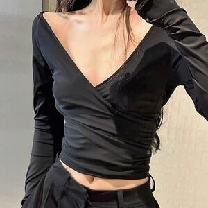 Black Satin Wrap Top